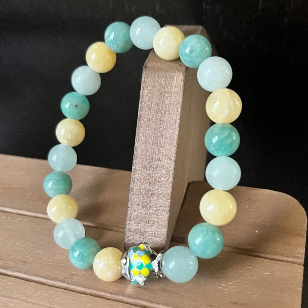 Amazonite, Yellow Calcite & Blue Angelite Natural Stone Crystal Beaded Bracelet